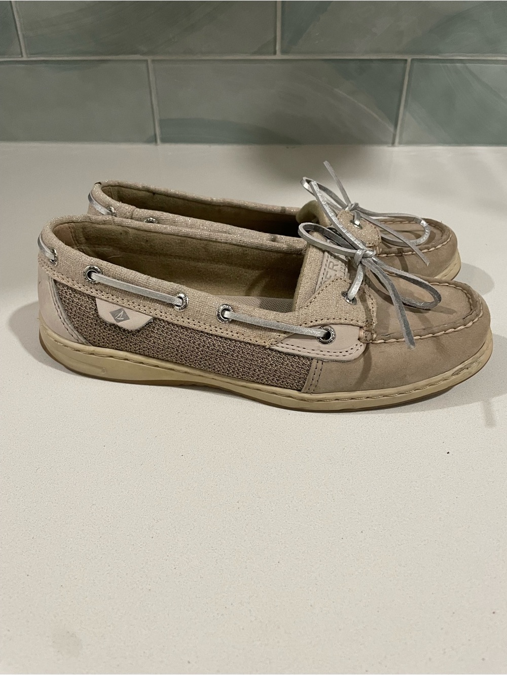 Sperry Neutral Beige Boat Shoes with Bow Accent